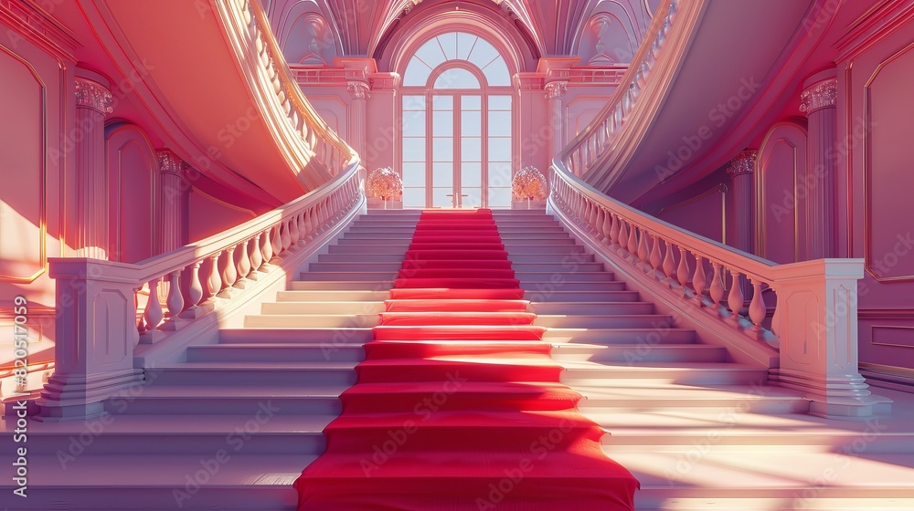 Create a low poly 3D image of a grand palace staircase adorned with a red carpet, suitable for fashion events Create a low poly 3D image of a grand palace staircase adorned with a red carpet, suitable for fashion events