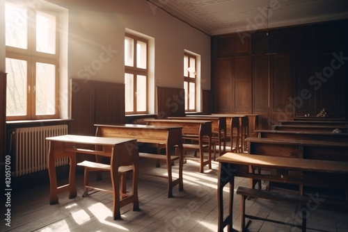 generated illustration of  empty classroom with many wooden chairs