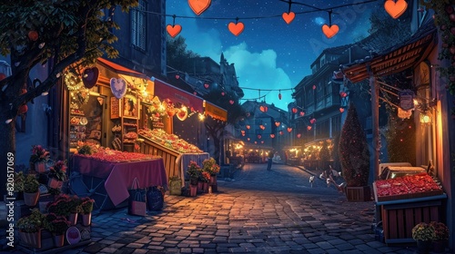 Quaint village square: Romantic market, stalls with heart-shaped trinkets under starlit sky. photo