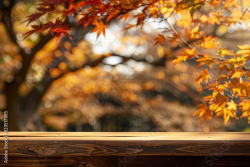 A wooden desk top with blurred background of maple tree with autumn foliage. Good for background 
