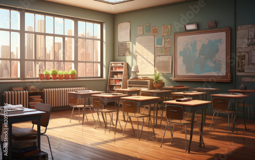 generated illustration of  empty classroom with many wooden chairs