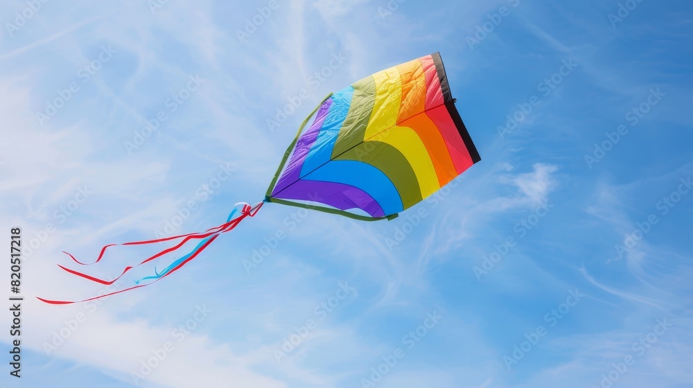 Rainbow kite flying in blue sky, perfect for LGBTQ pride events, outdoor celebrations, and social media posts celebrating diversity and inclusion Rainbow kite flying in blue sky, perfect for LGBTQ pride events, outdoor celebrations, and social media posts celebrating diversity and inclusion