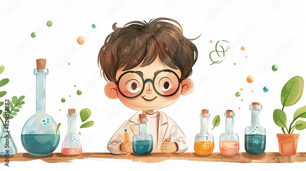 A little cartoon student holding a test tube and flask at a chemistry or science lesson with watercolor illustration on a white background. A little cartoon student holding a test tube and flask at a chemistry or science lesson with watercolor illustration on a white background.