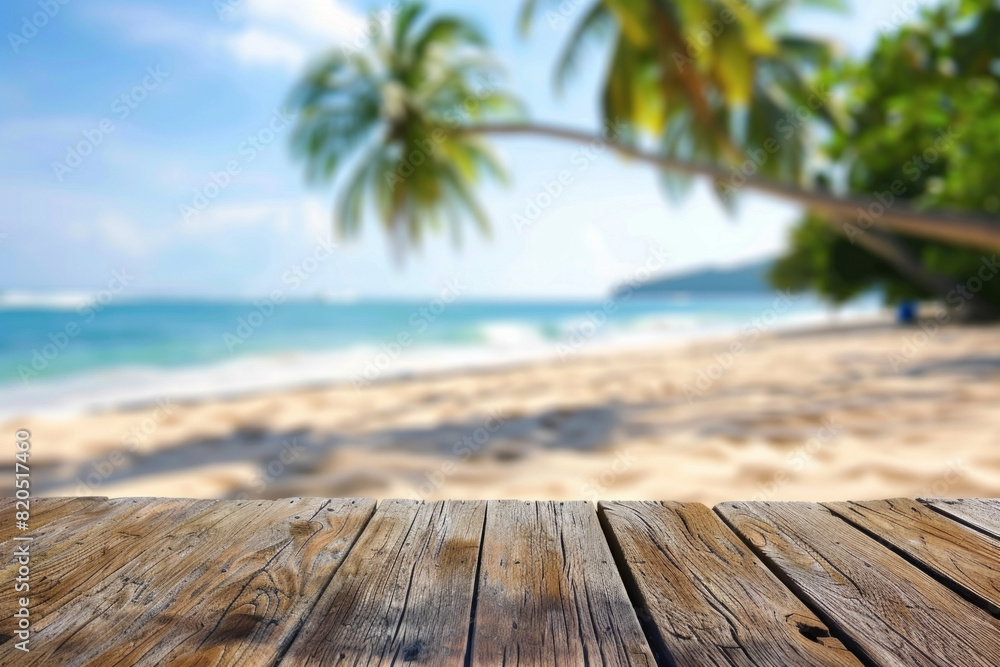 A wooden desk top with blurred background of beach. Good for background 