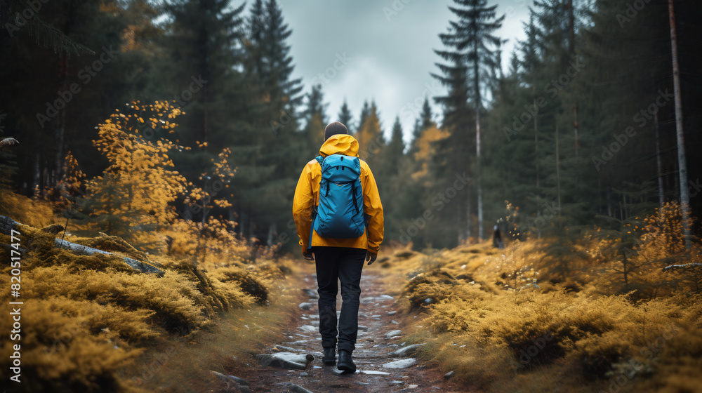 Solo Hiker Trekking Through Autumn Forest, Misty Trail Surrounded by Golden Foliage, Tranquil Nature Walk Solo Hiker Trekking Through Autumn Forest, Misty Trail Surrounded by Golden Foliage, Tranquil Nature Walk