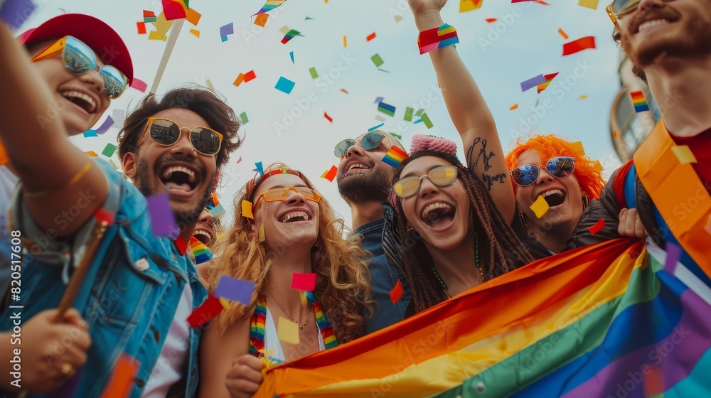 Group of people at LGBTQ pride parade, holding rainbow flags and showing their support for diversity and inclusion Group of people at LGBTQ pride parade, holding rainbow flags and showing their support for diversity and inclusion