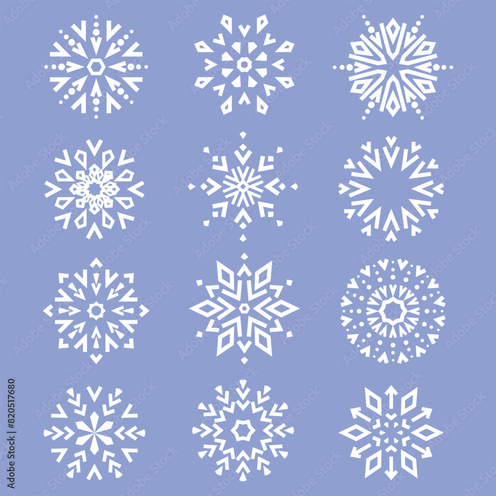 Snowflakes icon collection. Graphic modern blue and white ornament Snowflakes icon collection. Graphic modern blue and white ornament