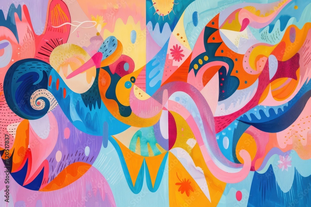 Playful shapes dancing across a sea of pastel hues, each curve and line a brushstroke in the composition of a whimsical dream.