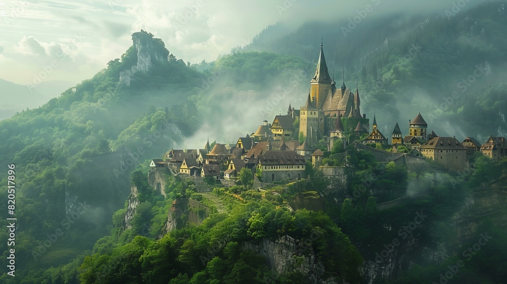 Photo of a fantastical village with a castle atop a hill Photo of a fantastical village with a castle atop a hill