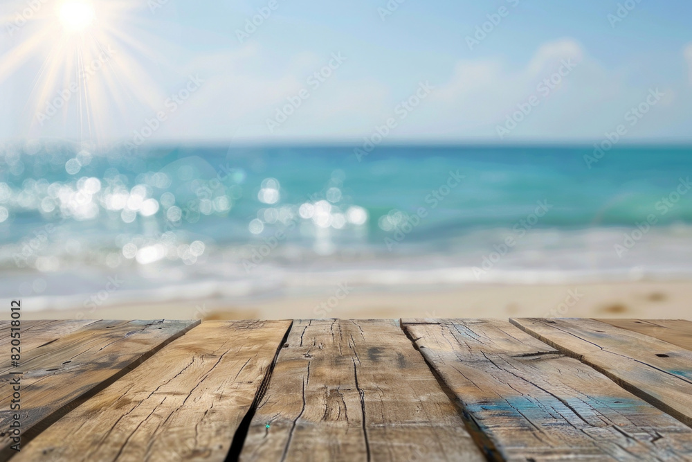 A wooden desk top with blurred background of beach. Good for background A wooden desk top with blurred background of beach. Good for background