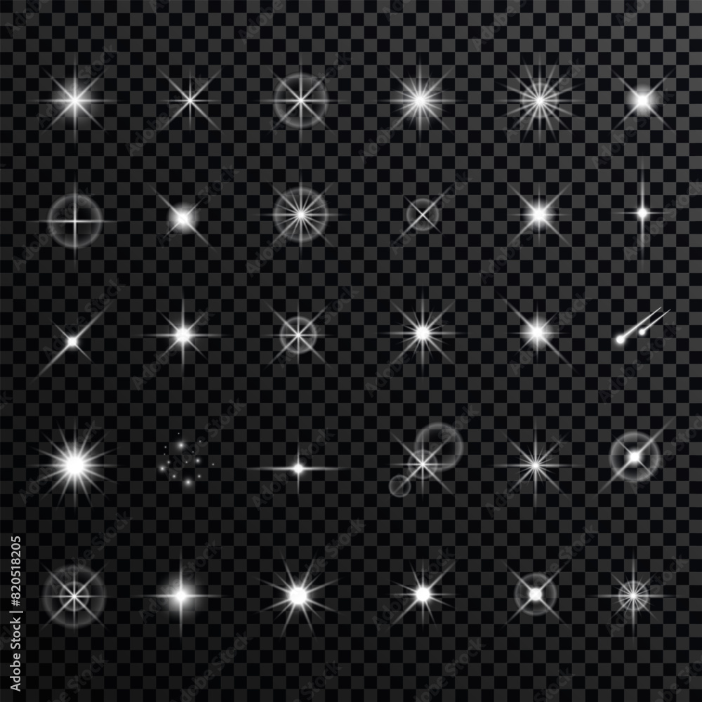 Effect sparkling stars light burst explosion, flickering and flashing lights. collection of different light effects on black background. transparent lens flares and lighting effects. vector design. Effect sparkling stars light burst explosion, flickering and flashing lights. collection of different light effects on black background. transparent lens flares and lighting effects. vector design.