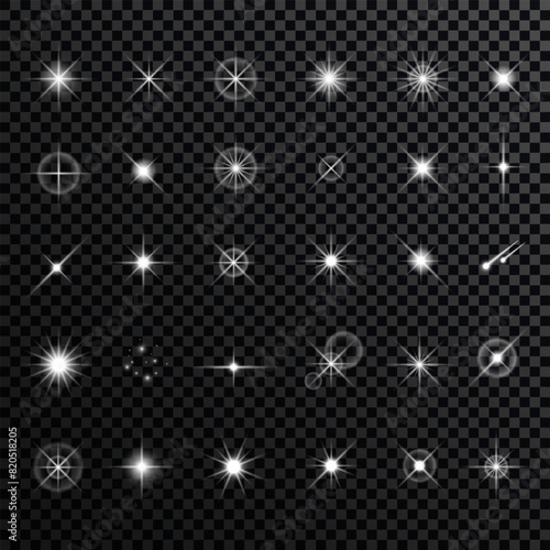 Effect sparkling stars light burst explosion, flickering and flashing lights. collection of different light effects on black background. transparent lens flares and lighting effects. vector design.