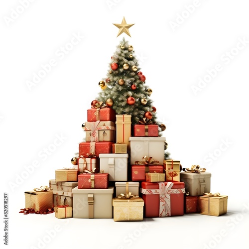 christmas tree with gifts, Christmas tree decorated with light and gift boxes on white background New year and merry christmas