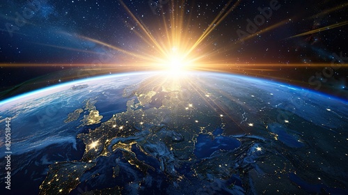 a stunning view of the earth's surface at night, illuminated by the warm glow of the sun and the clear blue sky