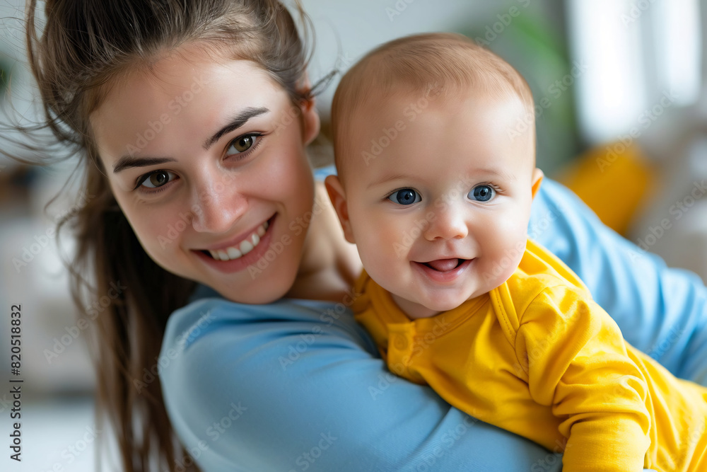 Joyful Mother Holding Laughing Baby, Bright and Warm Home Setting, Cherished Moments of Early Parenthood Joyful Mother Holding Laughing Baby, Bright and Warm Home Setting, Cherished Moments of Early Parenthood
