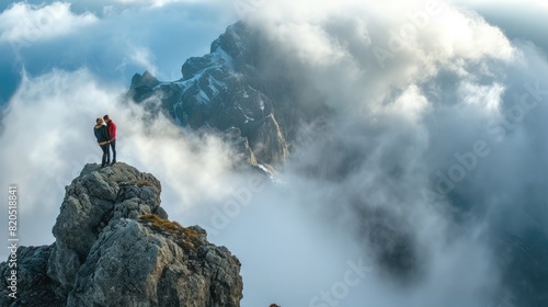 Picturesque mountain peak: Heart-shaped clouds around couple in warm embrace.