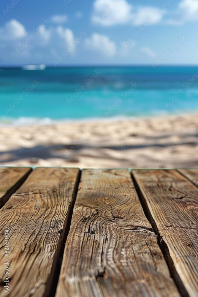 A wooden desk top with blurred background of beach. Good for background A wooden desk top with blurred background of beach. Good for background