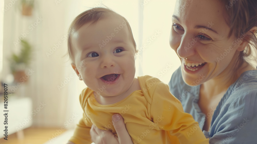 Joyful Mother Holding Laughing Baby, Bright and Warm Home Setting, Cherished Moments of Early Parenthood Joyful Mother Holding Laughing Baby, Bright and Warm Home Setting, Cherished Moments of Early Parenthood