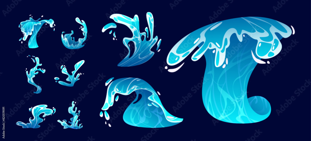 Fototapeta premium Ocean water wave splash. Sea surf cartoon vector icon. Liquid drop stream summer game graphic. Isolated fluid high falling tsunami swirl vfx design. Storm motion clipart for environment illustration
