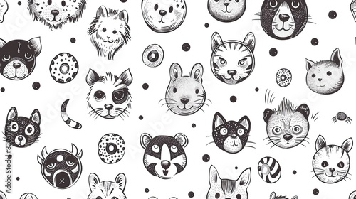 Hand drawing of many different cute round shaped animal faces on a white background. The images are full of detail and have a cute and cheerful impression.
