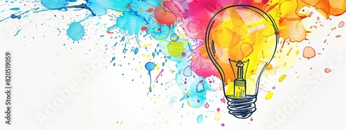 Light bulb with colorful watercolor splashes on white background. The light bulbs are on, and the paint colors are bright. Creativity and inspiration concept.