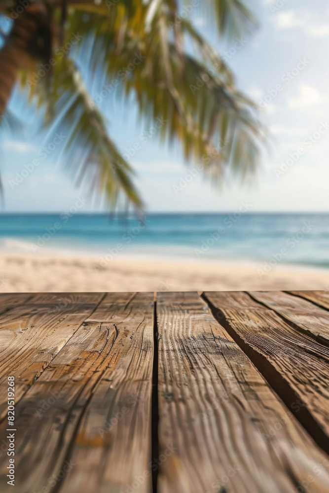 Fototapeta premium A wooden desk top with blurred background of beach. Good for background 