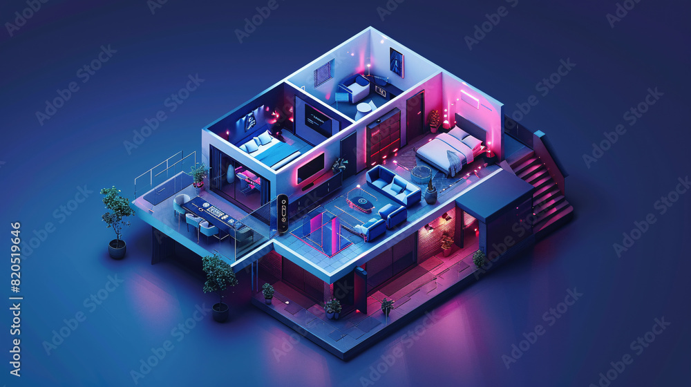 Obraz premium Amidst the isometric layout of a cutting-edge smart home, a remote control is held by a hand, overseeing the management of various modern smart home components. The minimal color palette and