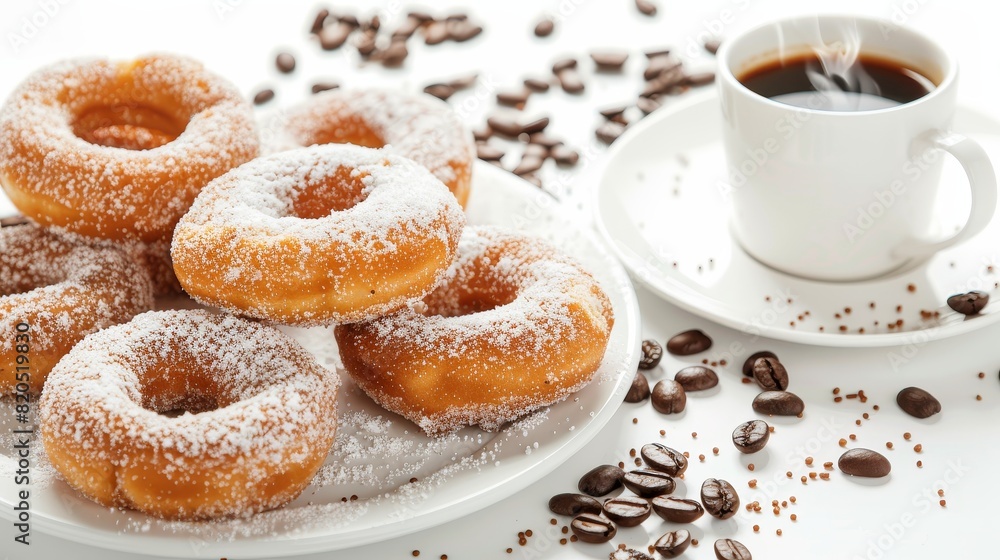 Elegant breakfast composition of powdered sugar donuts and coffee, isolated on a white background, studio lighting for clear advertising visuals