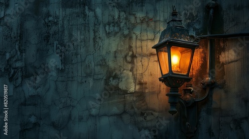 An antique street light mounted on a wall.