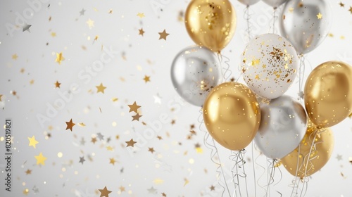 a white background with gold and silver balloons and stars on it. generative ai