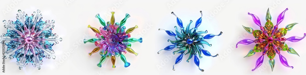 Naklejka premium a colorful arrangement of flowers, including purple, blue, and green, arranged in a row from left to right the flowers are arranged in a row from left to right, with a