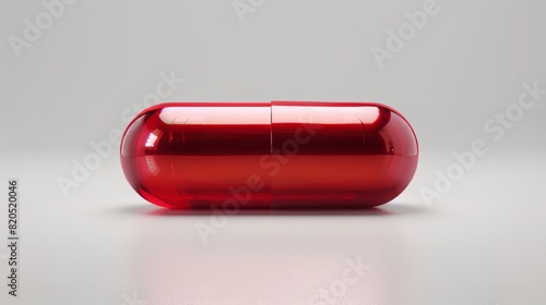 High-detail red pill capsule, isolated against a white backdrop, 3D rendering, showcasing glossy surface with studio lighting for advertising appeal