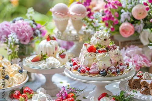 Ice cream desserts buffet table, event food catering for wedding, party and holiday celebration, ice creams and flowers decor in a floral countryside garden © Hamza