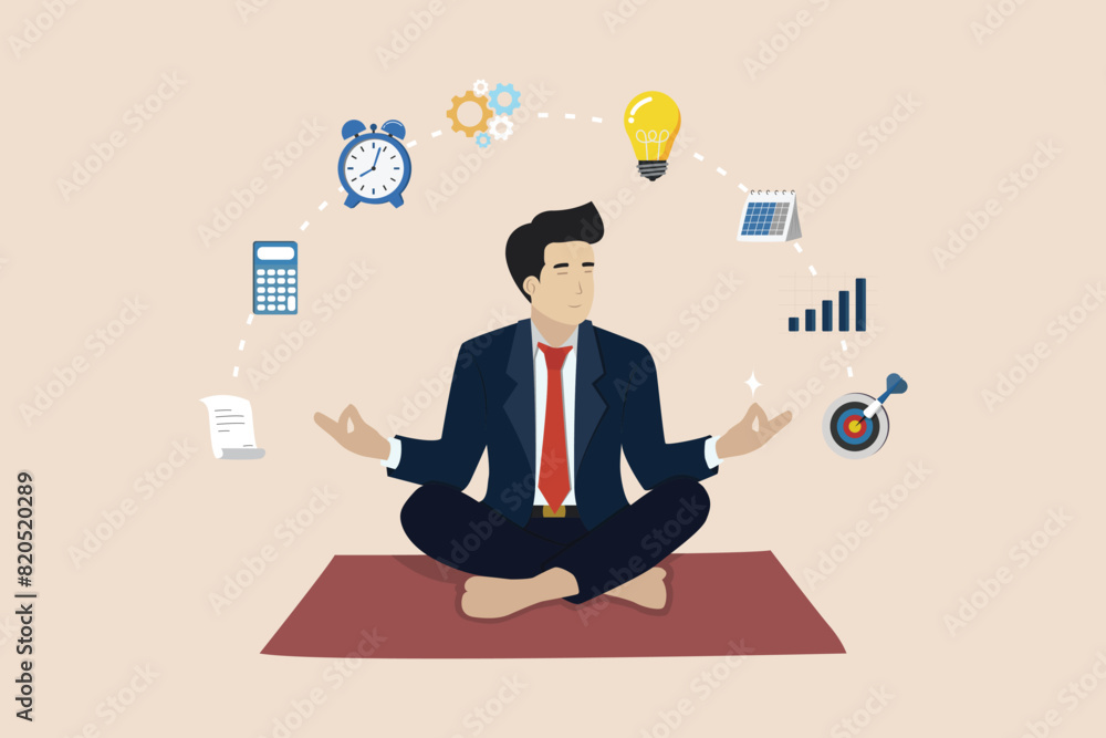 Vector illustration concept of businessman practicing meditation in the office, meditation concept, man sitting in lotus position, thought process, start-up and search for business ideas for success. Vector illustration concept of businessman practicing meditation in the office, meditation concept, man sitting in lotus position, thought process, start-up and search for business ideas for success.