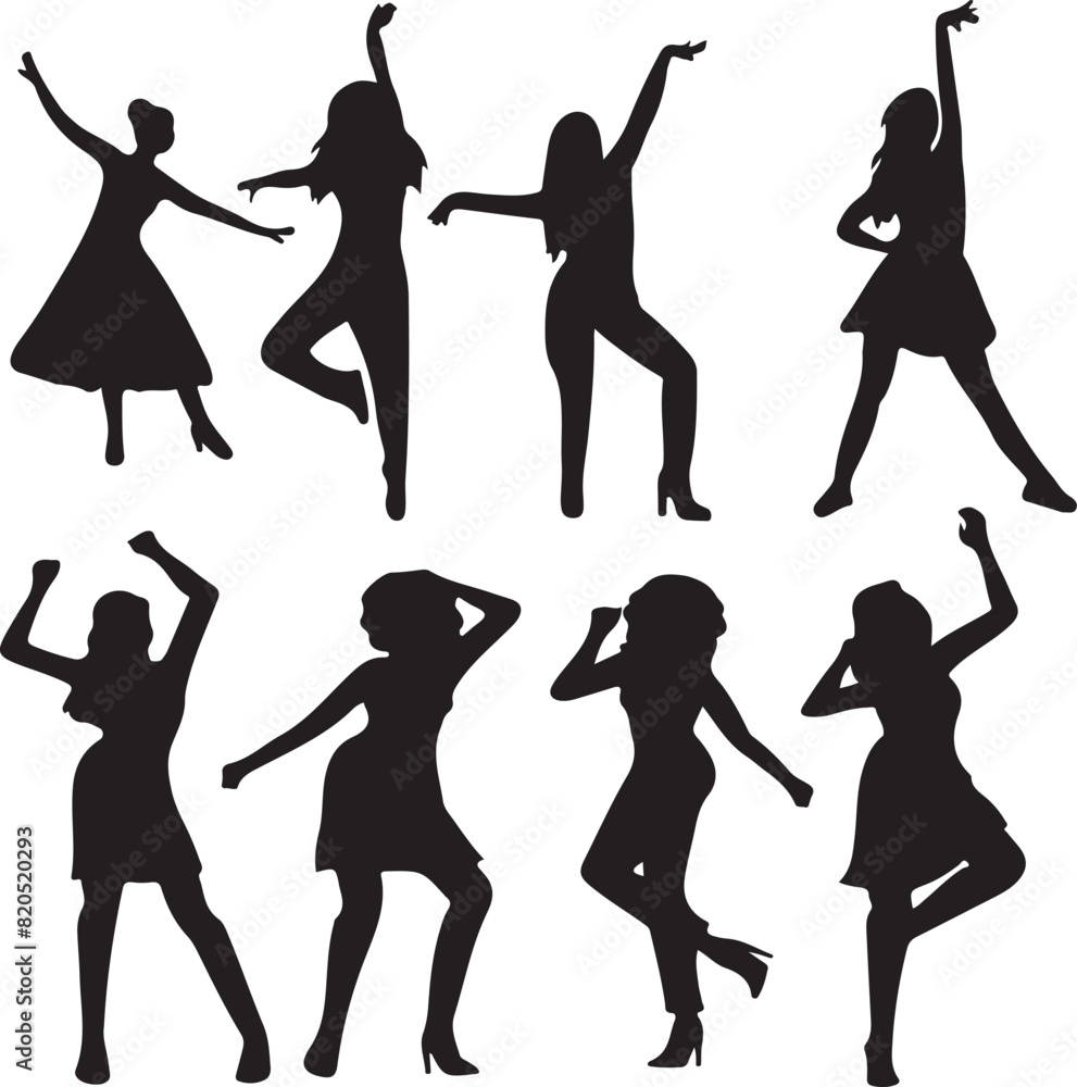 silhouette of a girl, set of silhouettes of dancing people, silhouettes of dancing people, silhouettes of people, silhouettes of dancing girls, silhouette, woman, vector, people, illustration, fashion