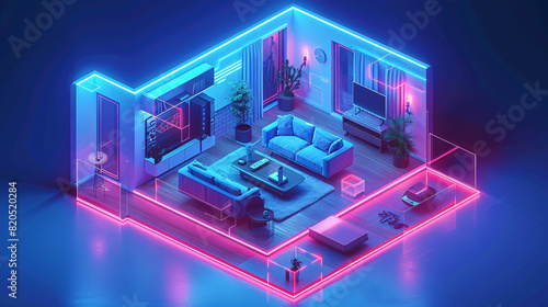 In a futuristic depiction of home technology  an individual uses a remote control to interact with the components of an AI-augmented reality smart home. The isometric layout and minimal color scheme