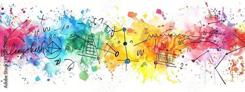 Colorful drawing of math doodle elements shapes and numbers in hand drawn style with paint splashes and has a creative and cheerful feel.