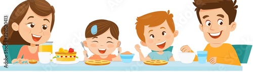 clip art of A family of four enjoying breakfast at a diner with smiles