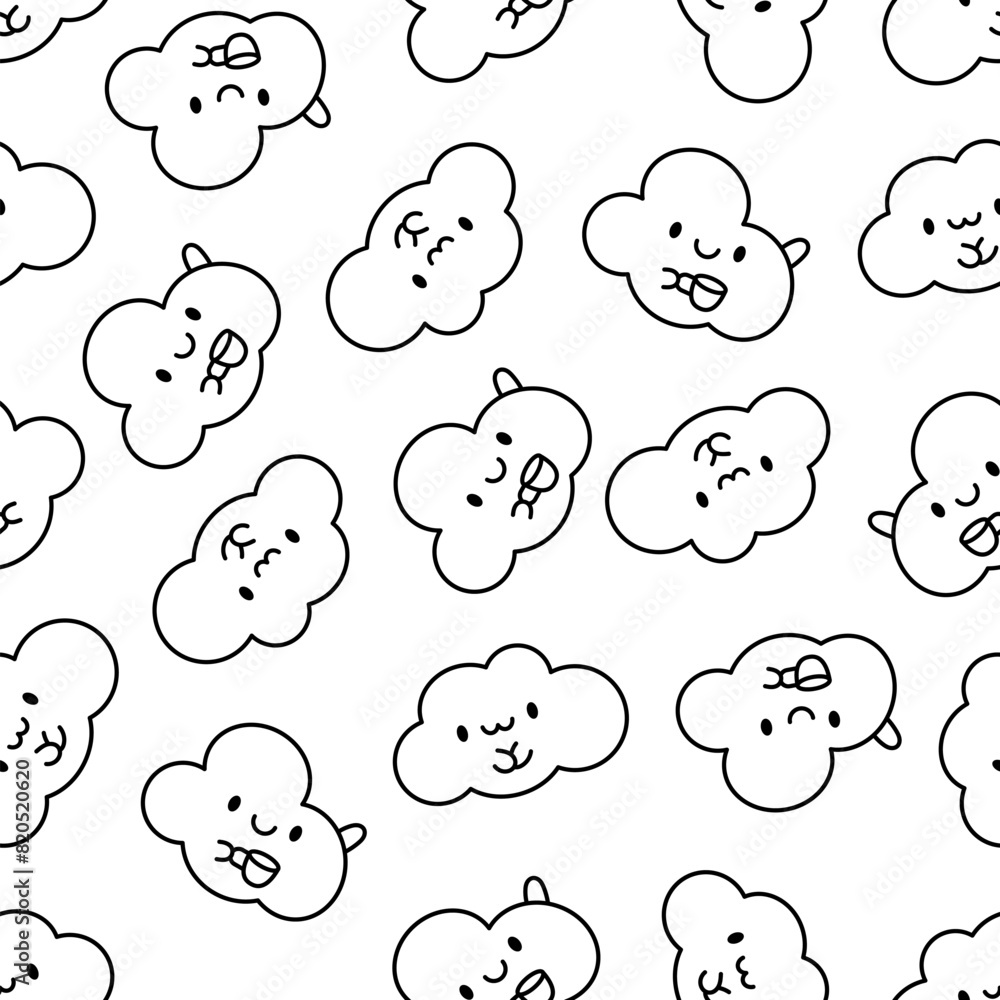 Cute and kawaii cloud. Seamless pattern. Coloring Page. Cartoon weather character. Hand drawn style. Vector drawing. Design ornaments. Cute and kawaii cloud. Seamless pattern. Coloring Page. Cartoon weather character. Hand drawn style. Vector drawing. Design ornaments.