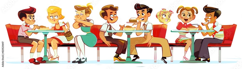 clip art of A group of cartoon characters enjoying a meal at a classic 1950s diner