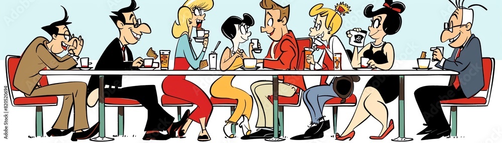 clip art of A group of cartoon characters enjoying a meal at a classic 1950s diner clip art of A group of cartoon characters enjoying a meal at a classic 1950s diner