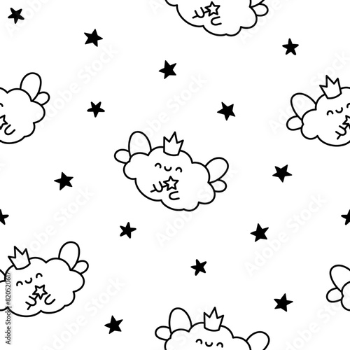 Cute and kawaii cloud. Seamless pattern. Coloring Page. Cartoon weather character. Hand drawn style. Vector drawing. Design ornaments. © palau83