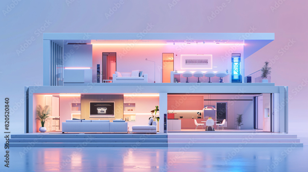 Within the sleek interior of an AI-augmented reality smart home, a person holds a remote control, managing modern smart home components with ease. The futuristic setting and minimalist color scheme Within the sleek interior of an AI-augmented reality smart home, a person holds a remote control, managing modern smart home components with ease. The futuristic setting and minimalist color scheme