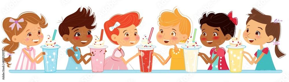 clip art of A group of kids enjoying milkshakes at a diner clip art of A group of kids enjoying milkshakes at a diner