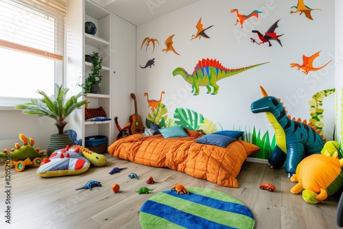 Fototapeta Naklejka Na Ścianę i Meble -  A vibrant kids' room with a dinosaur theme, featuring dinosaur wall decals, a T-rex bed, and a collection of dinosaur toys