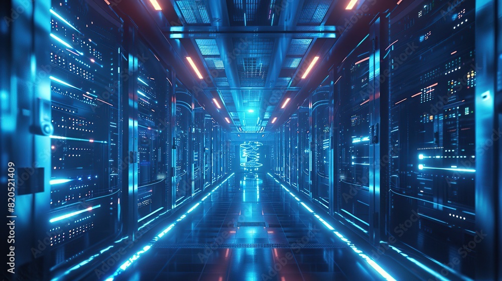 Futuristic data center room. The room is filled with computer servers and blue lights for the concept of hosting, cloud storage and global networking