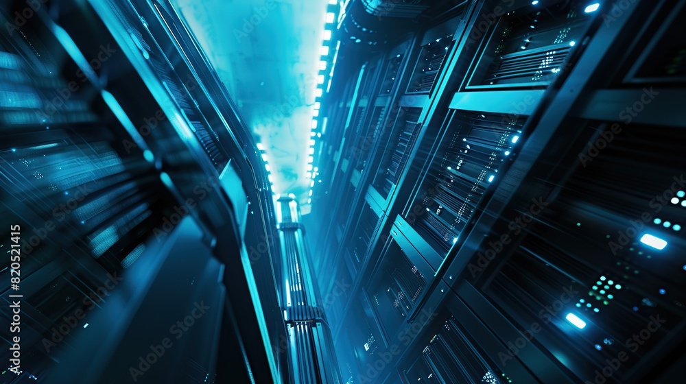 Futuristic data center room. The room is filled with computer servers and blue lights for the concept of hosting, cloud storage and global networking Futuristic data center room. The room is filled with computer servers and blue lights for the concept of hosting, cloud storage and global networking