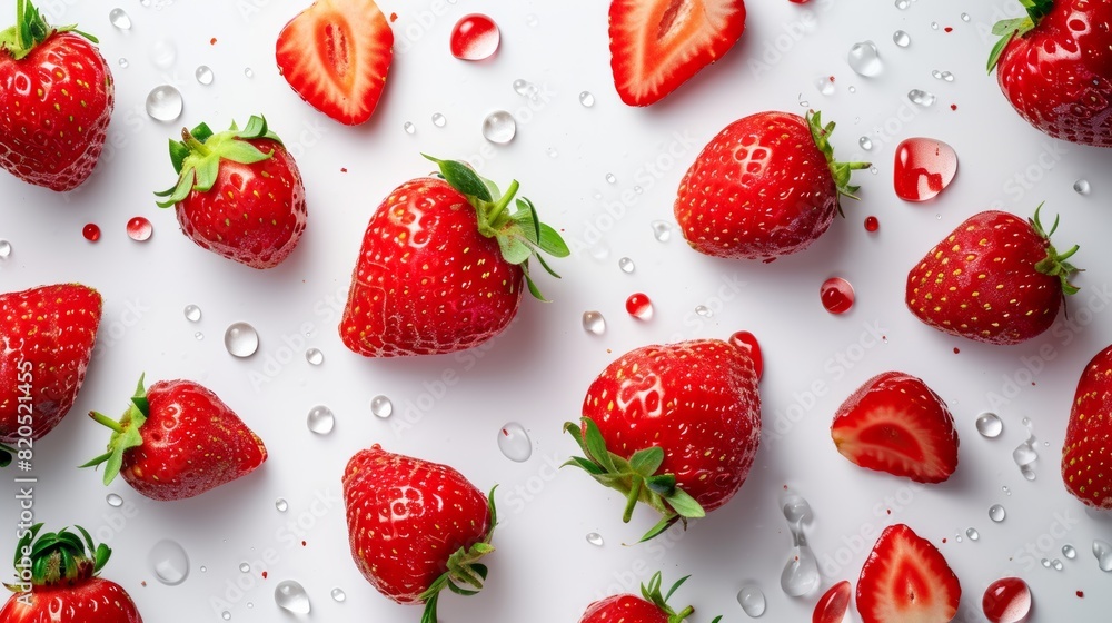 flat lay composition ripe strawberries with white water drop on white background flat lay composition ripe strawberries with white water drop on white background