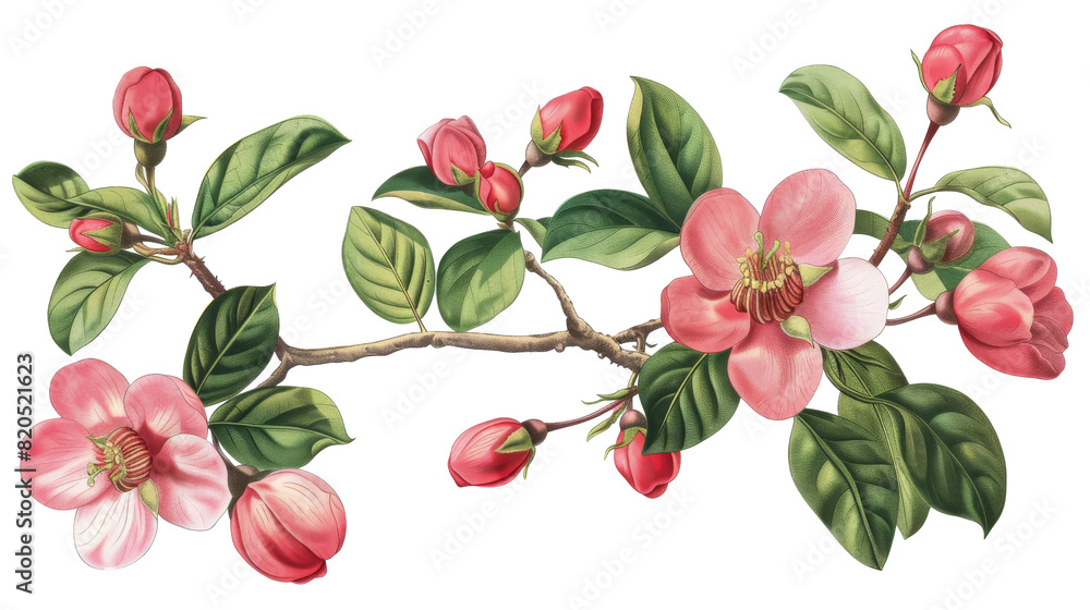 Branch with blooming pink flowers and green leaves, featuring buds and a natural botanical style. Branch with blooming pink flowers and green leaves, featuring buds and a natural botanical style.