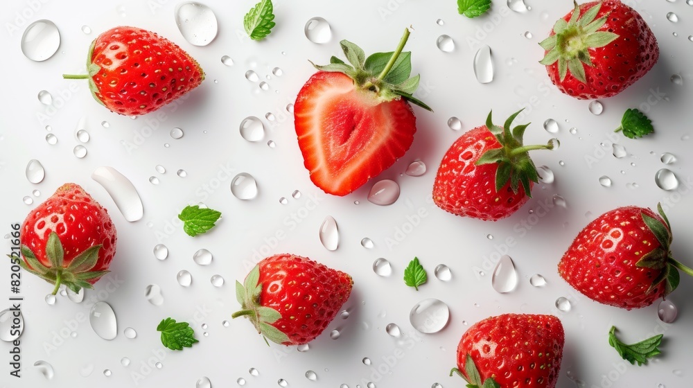 flat lay composition ripe strawberries with white water drop on white background
